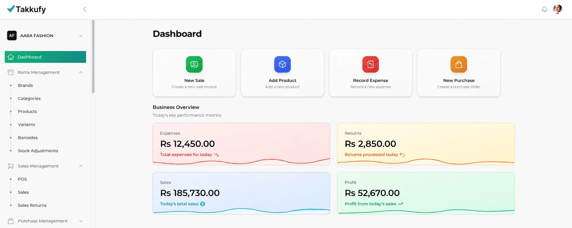 Takkufy POS system dashboard for Sri Lankan shops — sales, stock, cash flow and profit reports at a glance